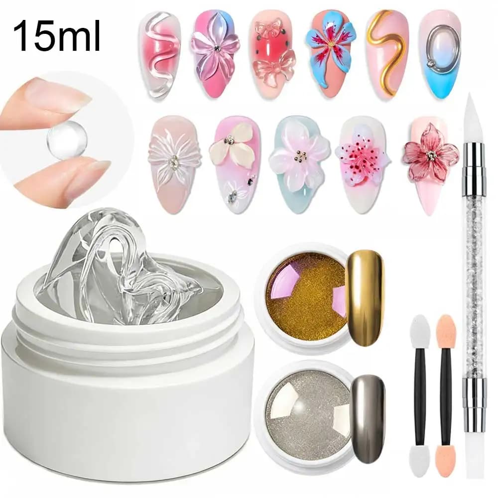 Set da 6 pezzi da 15ml di Gel Modellante/Scultoreo/Definizione Non Appiccicoso per Mani, Polvere Effetto Specchio Metallico Cromato Oro/Argento e Penna per Scultura Unghie