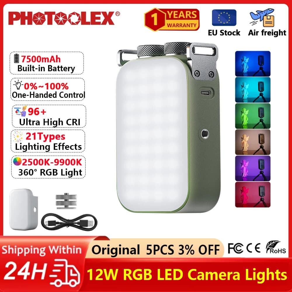 PHOTOOLEX Luci Video RGB a Colori Completi, Mini Luce per Fotocamera, Lampada LED Ricaricabile da 7500mAh, Illuminazione per Foto e Video per Youtube TikTok