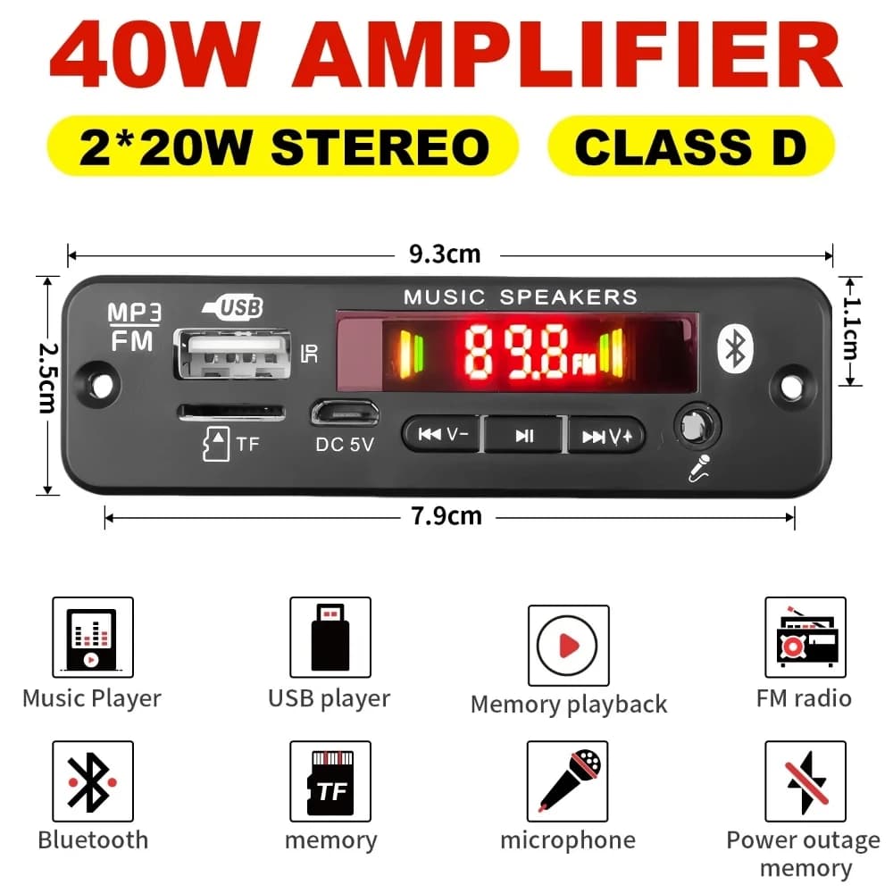 Bluetooth 5.0 Scheda di Decodifica MP3 2*20W 40W Amplificatore Lettore Audio 12V FAI DA TE Lettore MP3 Auto Modulo Radio FM TF USB Mic Registra Chiamata
