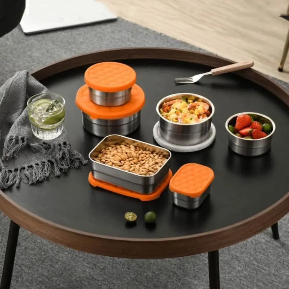 Contenitore per Alimenti in Acciaio Inox con Coperchio in Silicone Arancione, Ermetico, Rettangolare/Rotondo, per Mantenere la Freschezza