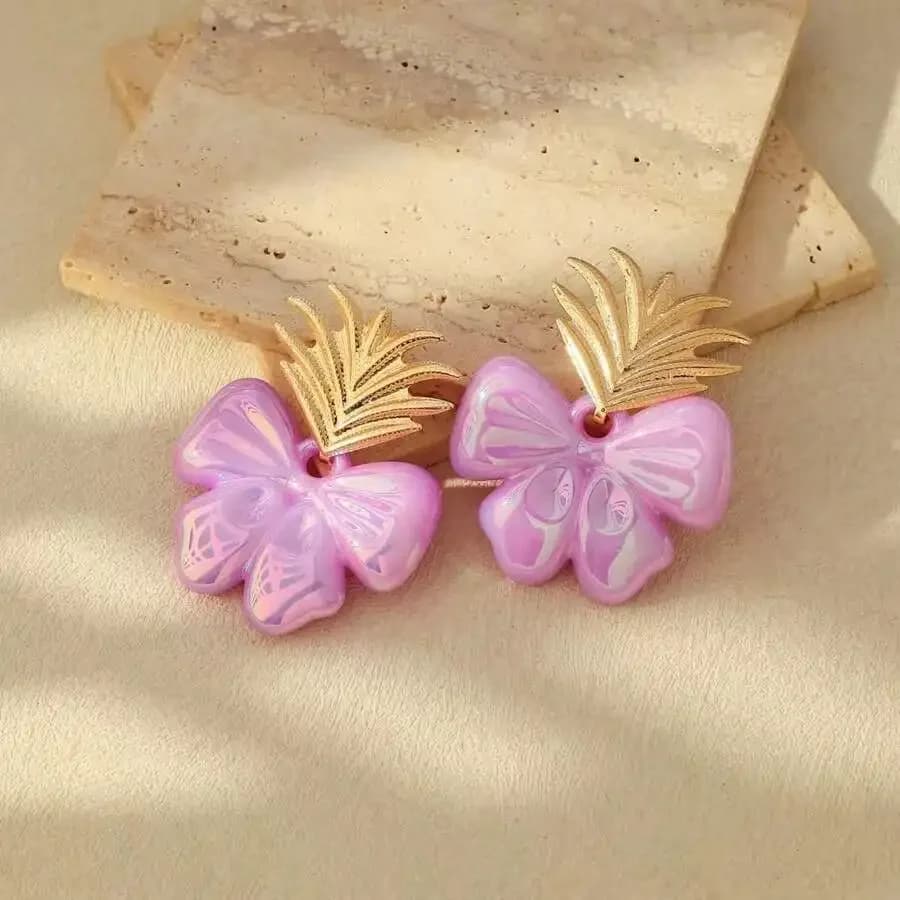2PCS Purple Bowknot Drop Earrings With Gold Tone Leaf Accent Fashion Statement Earrings For Women