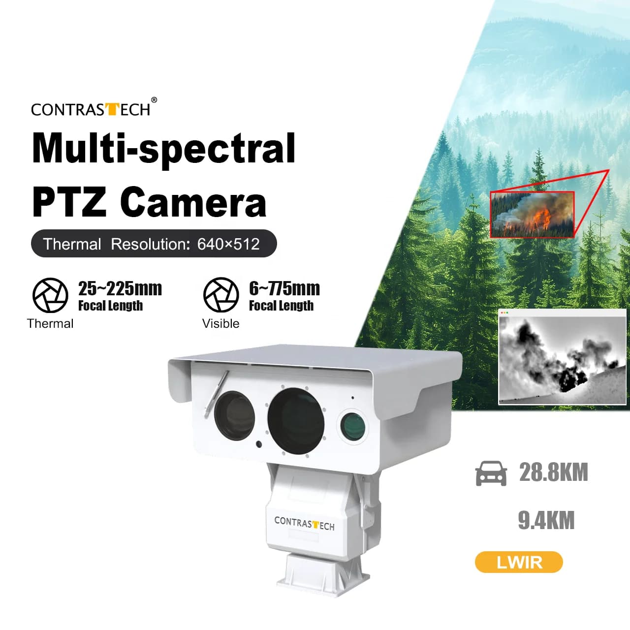 Telecamera termica PTZ con doppio sensore IP66 a lungo raggio da 360 gradi con zoom da 25-225 mm per sicurezza di confine e costiere