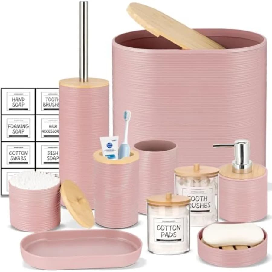 Accessori - Set con cestino, dispenser sapone, portasapone, porta spazzolino, bicchiere per spazzolino, porta scopino WC, porta bastoncini Q-tip