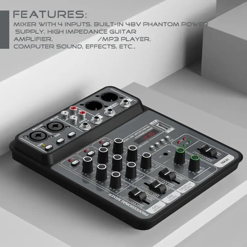 Console di missaggio USB a 4 canali di piccole dimensioni Mixer audio portatile Corpo in metallo per la registrazione di brani karaoke Nero Grigio