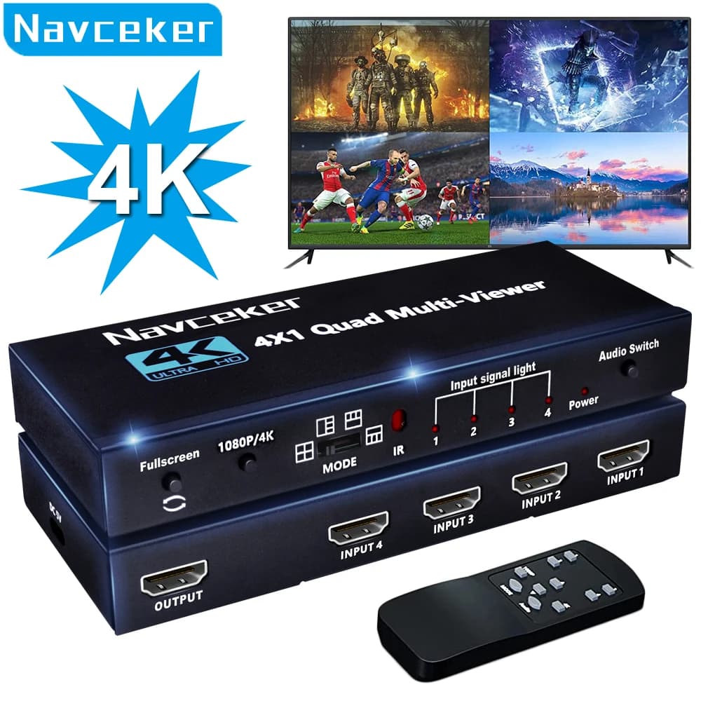 HDMI 4x1 switcher Multi-viewer 4K Seamless Quad Screen Splitter Multi Viewer in tempo reale 4 in 1 out adattatore Switch HDMI con IR
