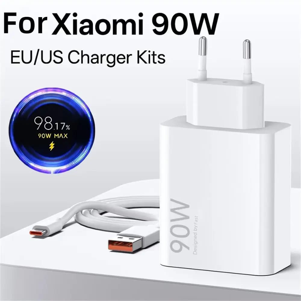 90W USB Charger Quick Charge EU Plug 1M/2M 6A Type C Fast Charging Cable Power Adapter for Huawei Samsung Xiaomi 15 Smartphones