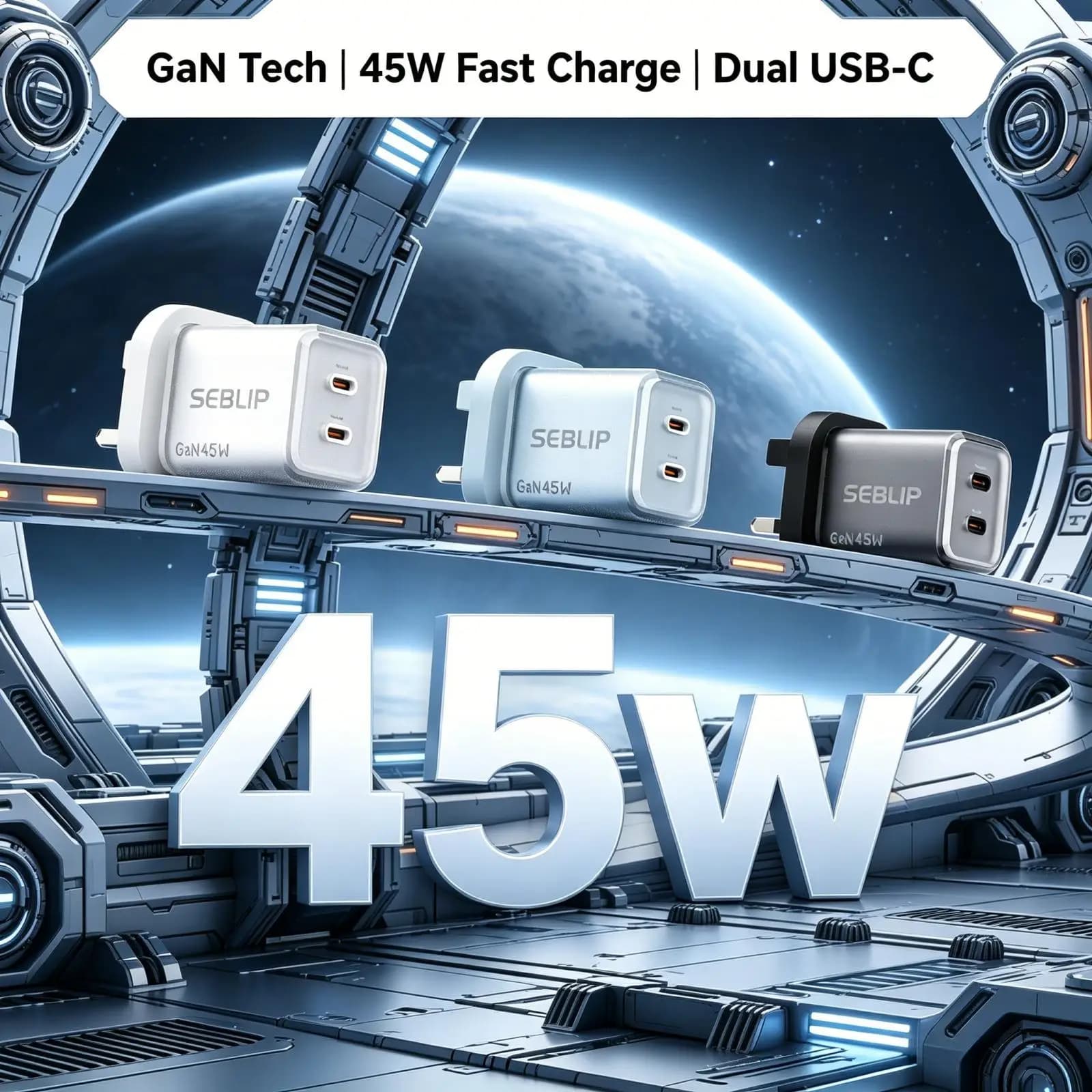45W GaN Charger USB C Fast Charging Dual Port Wall Plug UK Travel Adapter White Black Blue for iPhone Samsung Laptop