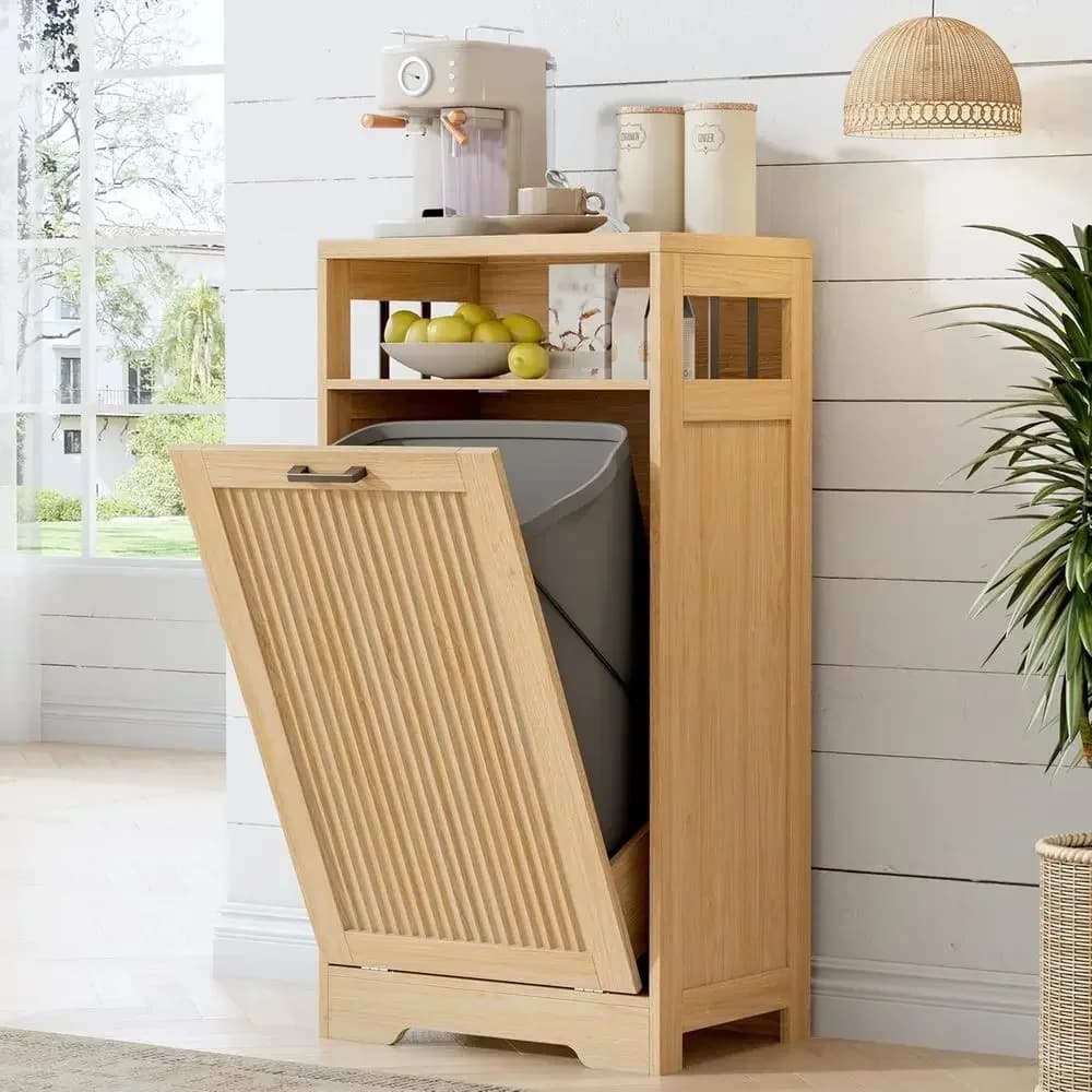 13 Gallon Wooden Storage Cabinet with Open Shelf, Laundry Hamper, and Hidden Recycling Bin for Home
