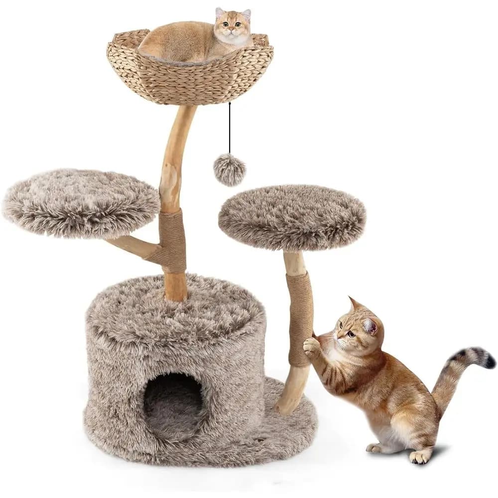 Tangkula Albero per gatti in legno massello, torre per gatti multilivello con cestino per coda di gatto ben tessuto, Condo di lusso, tiragraffi, Bal pendente