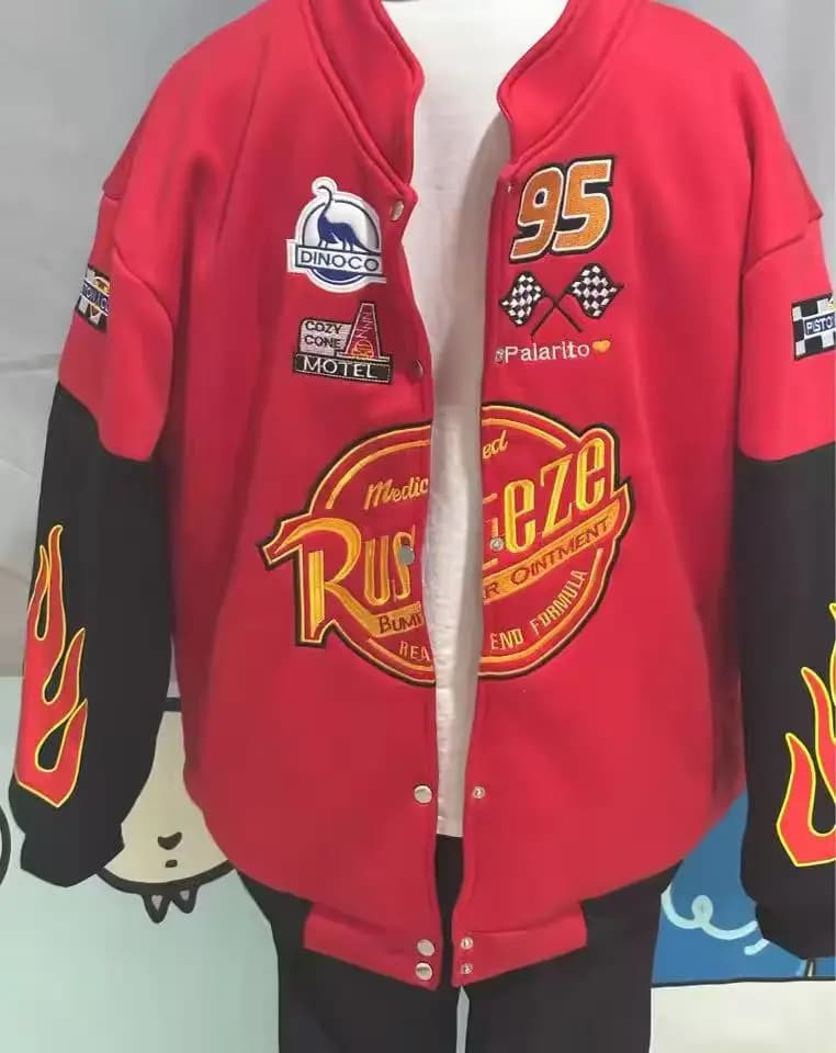 Men's and Women's Red and Black Racing Style Flame Pattern Baseball Jacket Size 95 Single Breasted American Outdoor Wear