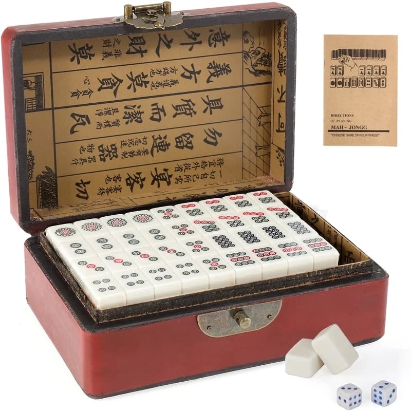 144 Tiles Mini Chinese Numbered Mahjong Set with Antique Storage Box Chinese Traditional Mahjong Family Tabletop Game Leisure