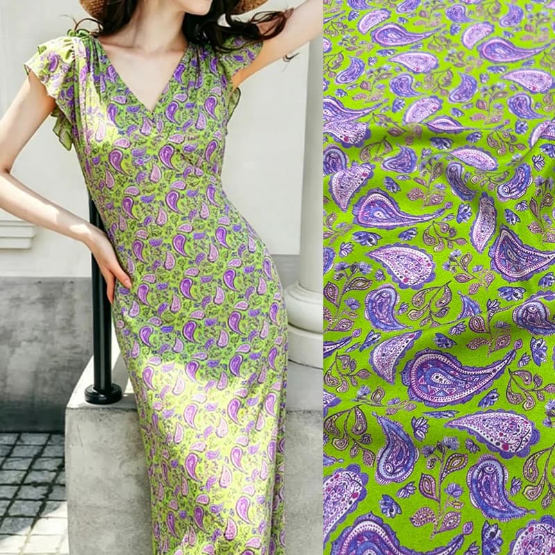 Purple Printed Stretch Green Silk Crepe de Chine Fabric for DIY Sewing Comfortable Dress Skirt Pajamas Soft Silk Fabric FR7000