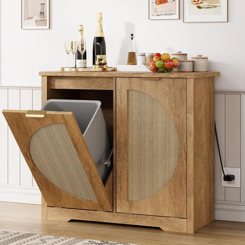 Double Tilt Out Trash Can Cabinet with Deodorising Function, 13 Gallons Rattan Hidden Recycle Garbage Bin Enclosure, Laundry Ca