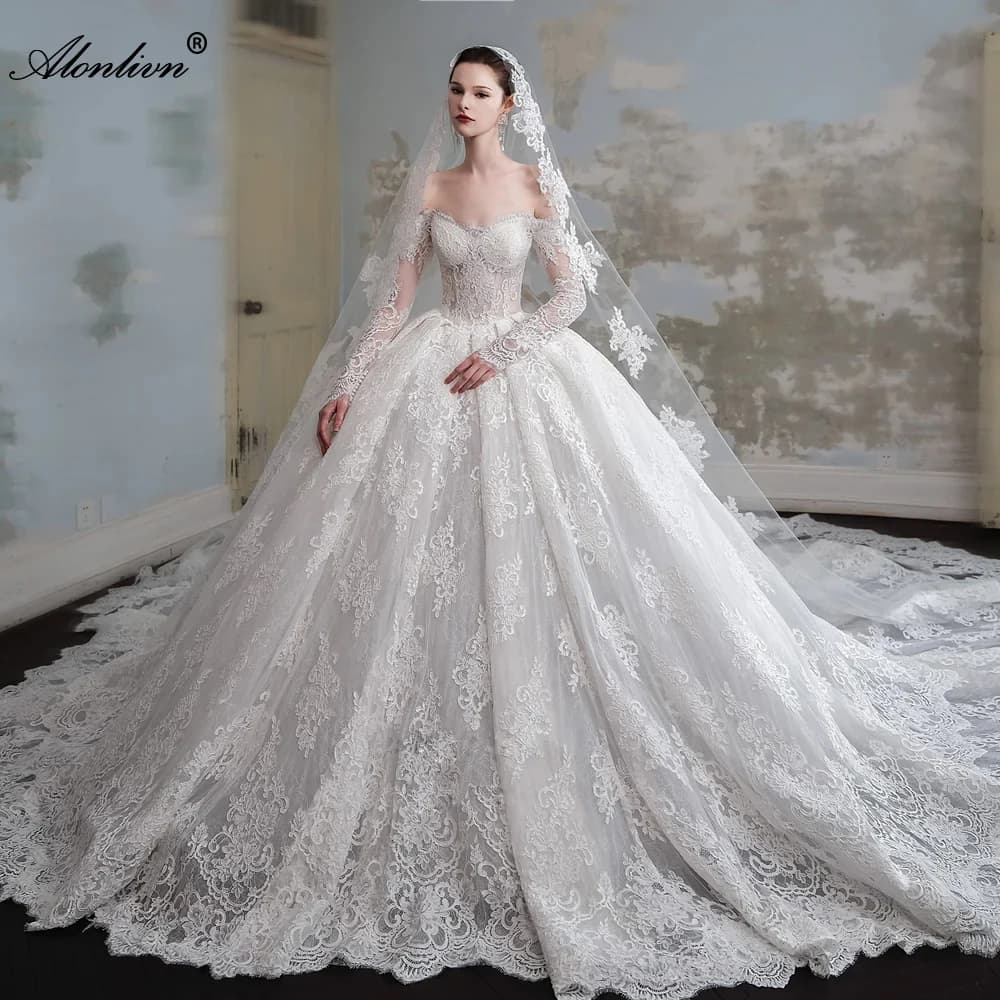 Abito da sposa Alonlivn di lusso in pizzo con spalle scoperte, maniche lunghe, stile principessa, con strascico a cappella