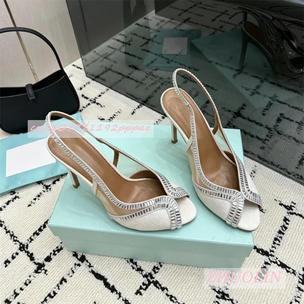 Luxury Genuine Leather High Heel Sandals Women Woven Rhinestone Trim Open Toe Thin Stiletto Elegant Wedding Summer Dress Shoes