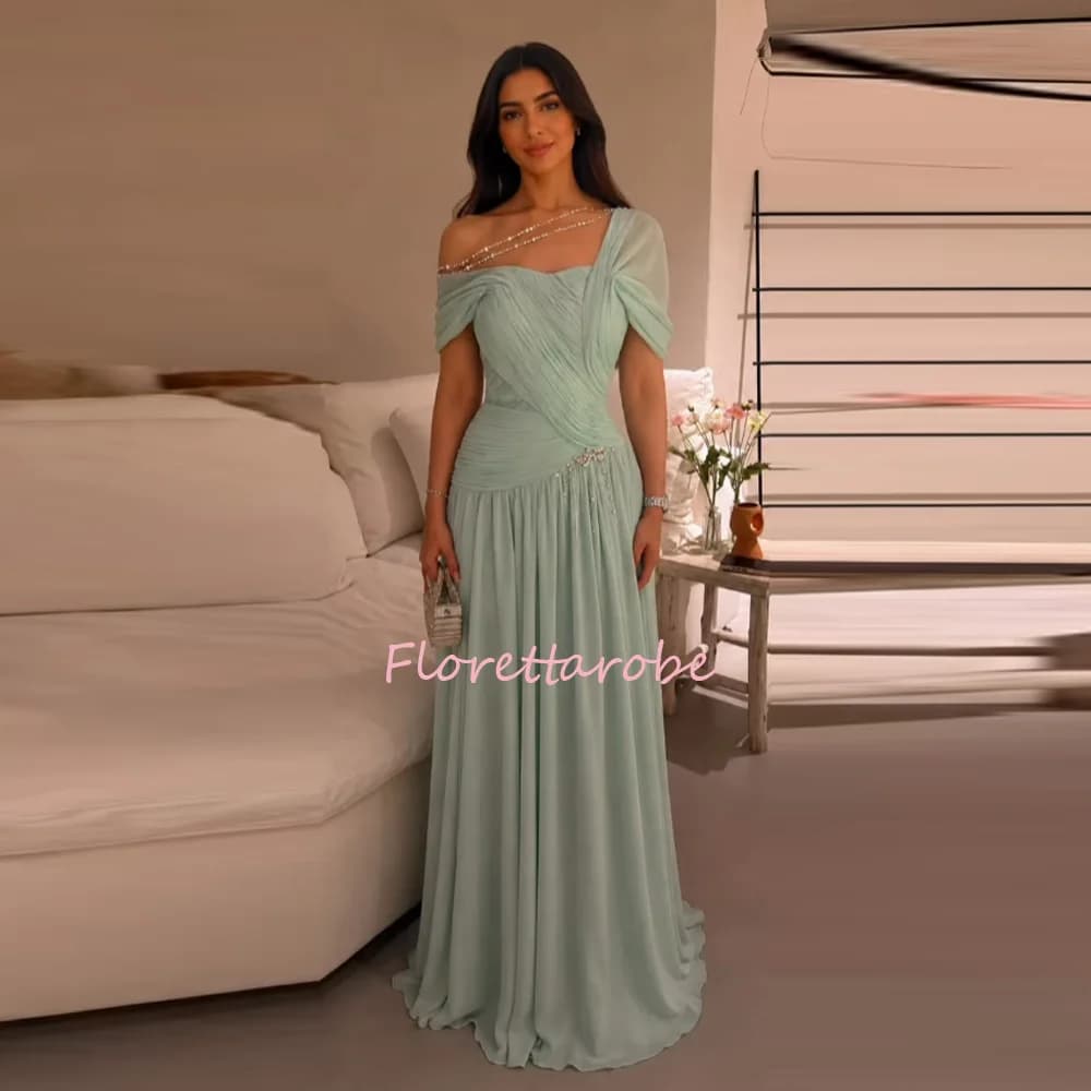 Customized Chiffon Pleat A-line Off-the-shoulder Long Prom Dresses Party Exquisite Modern Style Beads Evening Gowns