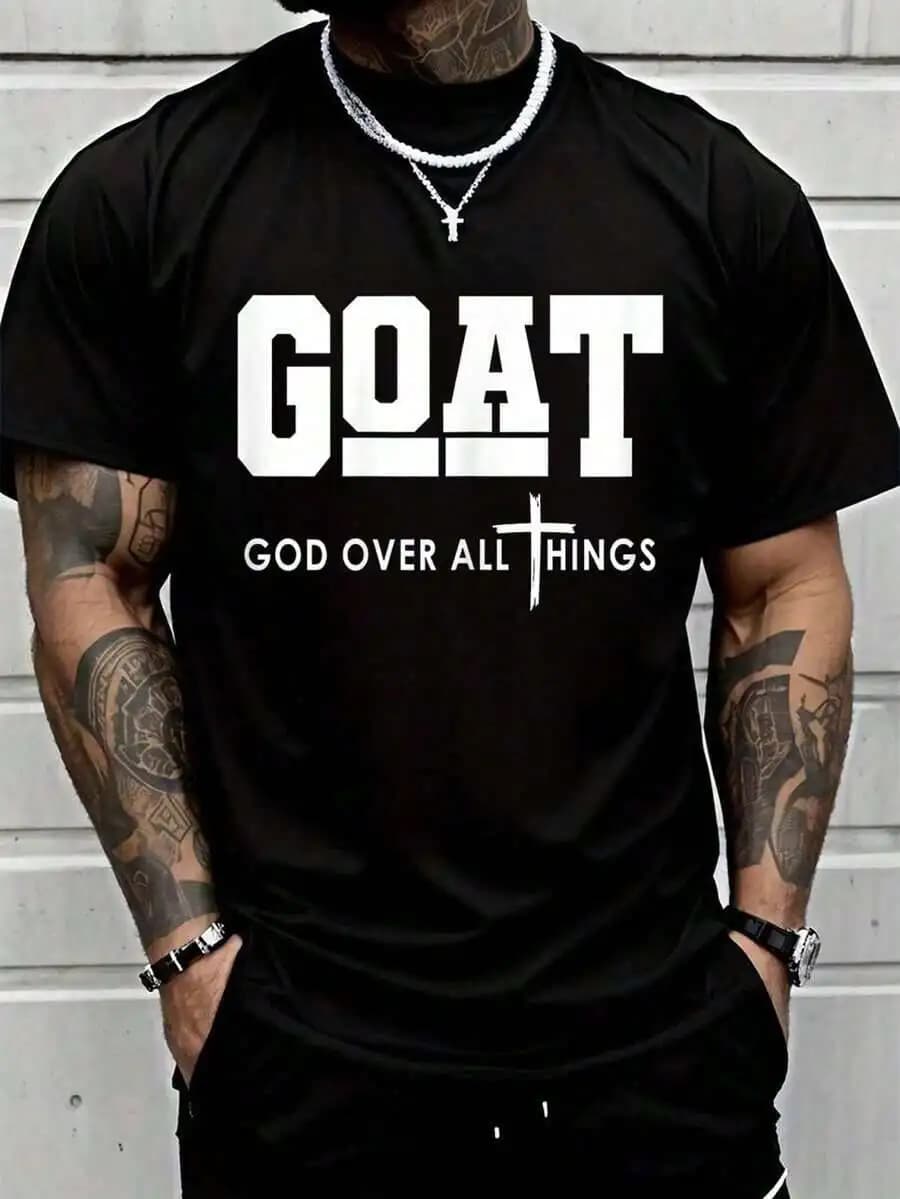 Mens Cotton Tee With Goat God Over All Things Print Casual Short Sleeve Crew Neck T-Shirt