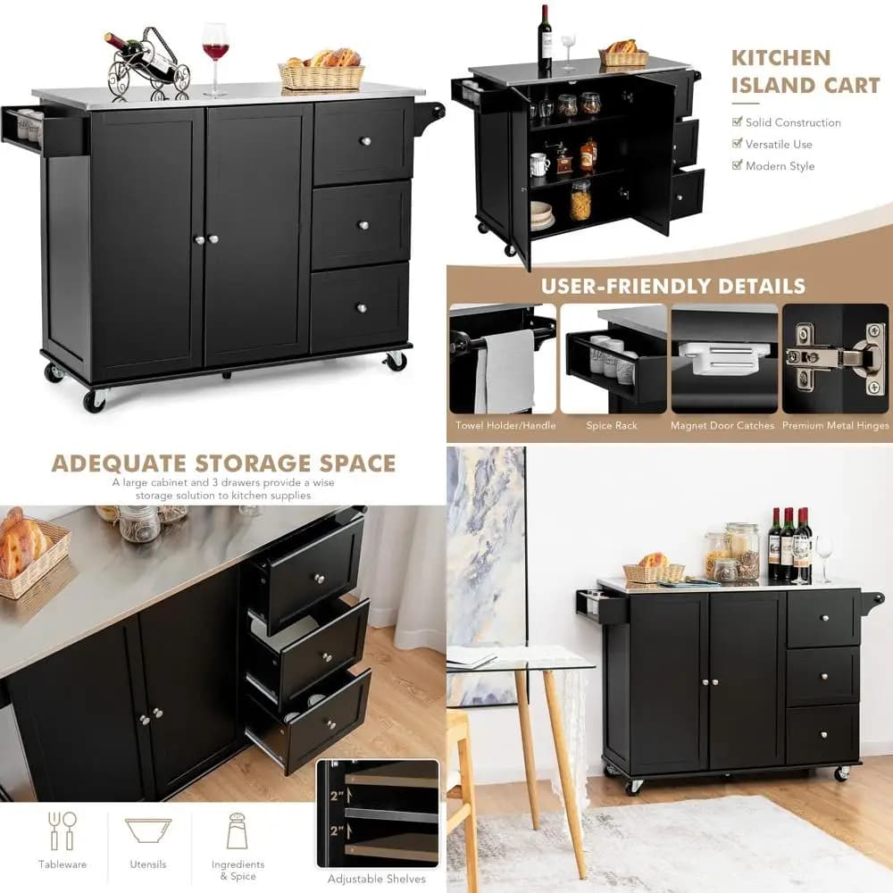 Carrello da cucina con piano in acciaio inossidabile con carrello con rotelle, portasciugamani e portaspezie, con 3 cassetti