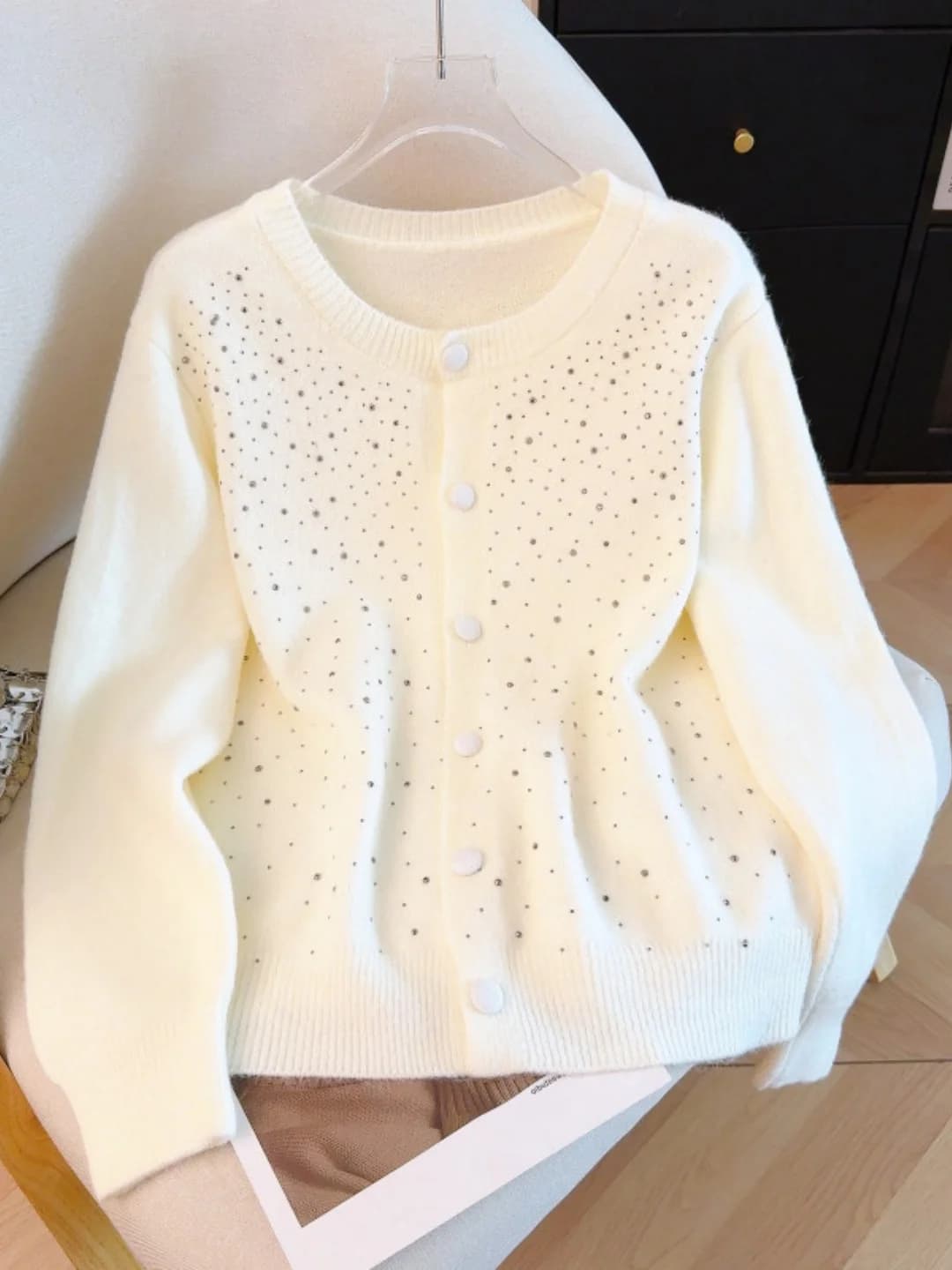 Elegant Knitted Loose Cardigan Women's Fashion Spring 2026 New Style Drill Sweater Jacket Trendy Soft Polyester Fiber Long Sl...