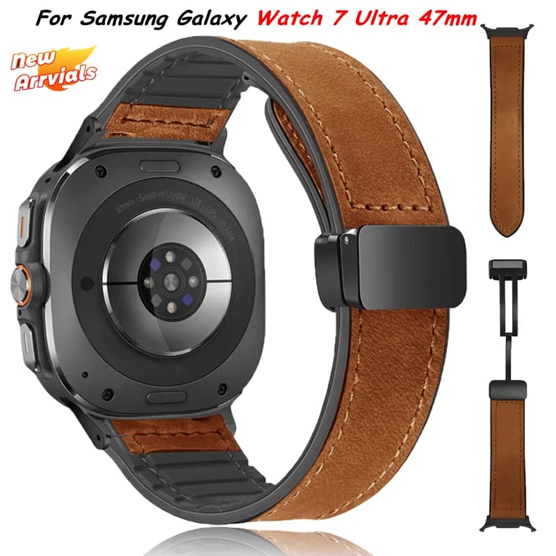 Magnetic Strap for Samsung Galaxy Watch 7 Ultra 47mm PU Leather Band for Galaxy Watch 7 Ultra Bracelet Replacement Accessories