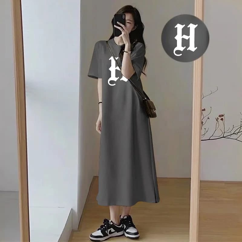 Women Casual Short Sleeve Maxi Dress Gothic Letter H Print Loose Oversized Side Split Summer Long T Shirt Dress