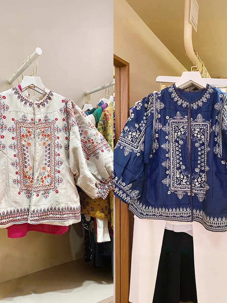 Giacca da Donna in Cotone Stile Francese con Ricami e Stampe, Collo Tondo, Manica Corta, Senza Bottoni, Abbigliamento Estivo Primaverile con Motivi Floreali
