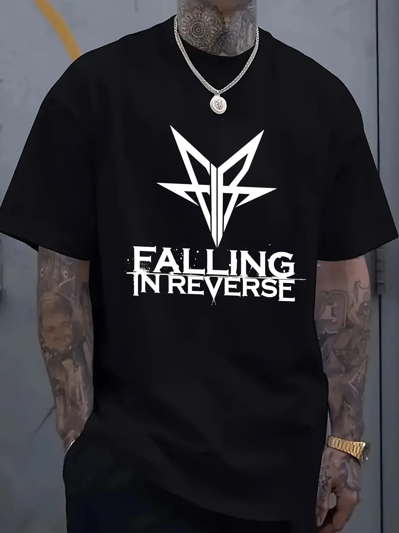 T-shirt grafica da uomo Falling in Reverse - T-shirt casual in cotone a maniche corte nera con girocollo con stampa bianca audace