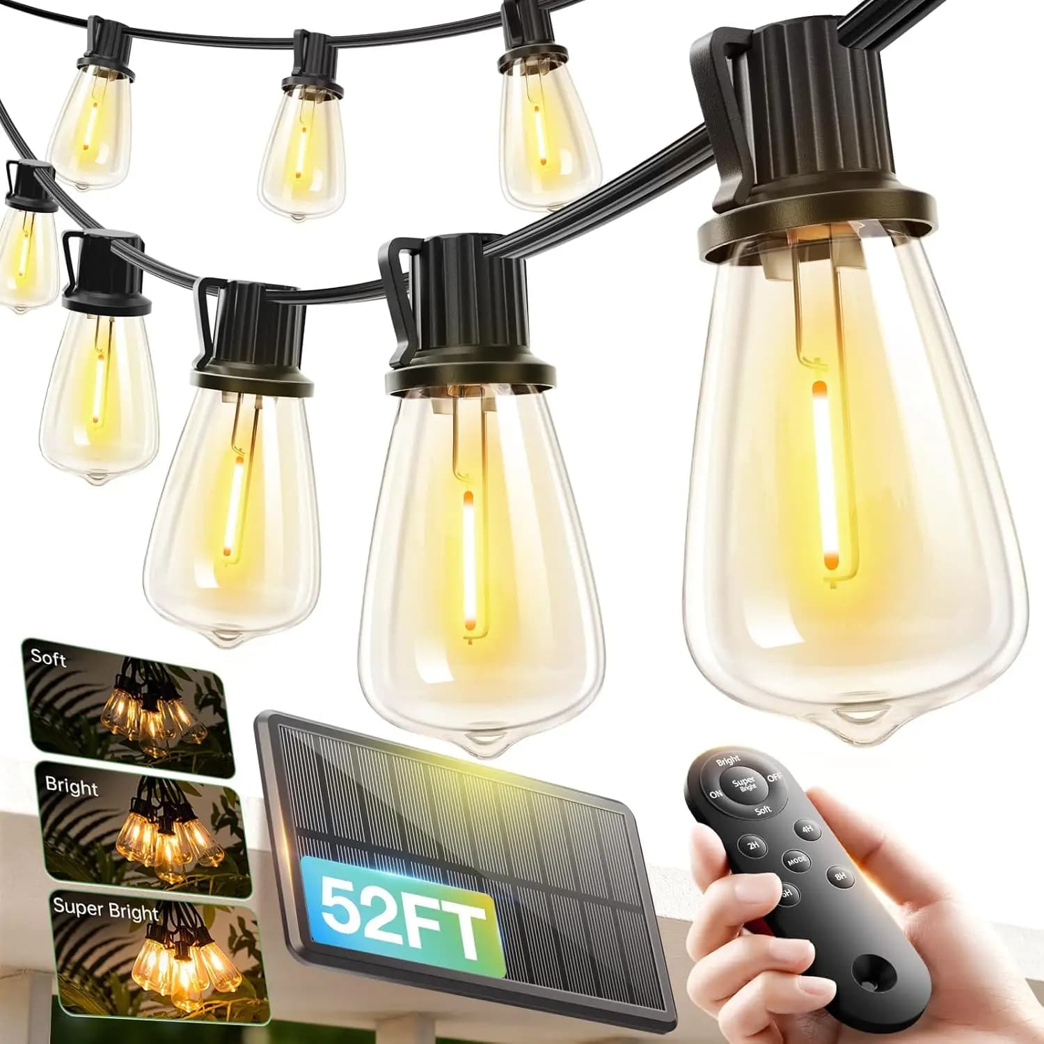52(48+4) FT Solar String Lights Waterproof,Patio Lights Solar Powered with Remote & USB Port 16+1 LED Shatterproof Bulbs 3 Light