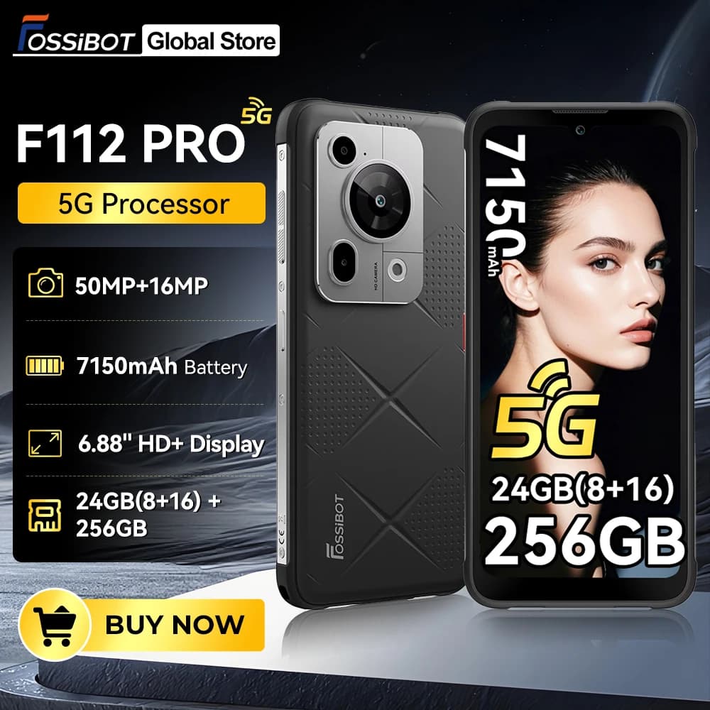 Fossibot F112 Pro 5G Smartphone Robusto Android 14, 24GB(8+16) 256GB, 6.88" HD+, 7150mAh, Fotocamera 50MP, NFC