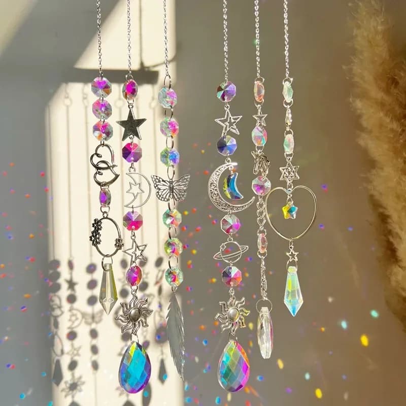 Star Moon Sun Catcher Crystal Wind Chimes 8PCS Hanging Decor Creative Pendant for Bedroom Balcony Garden Home Art Decor Gift