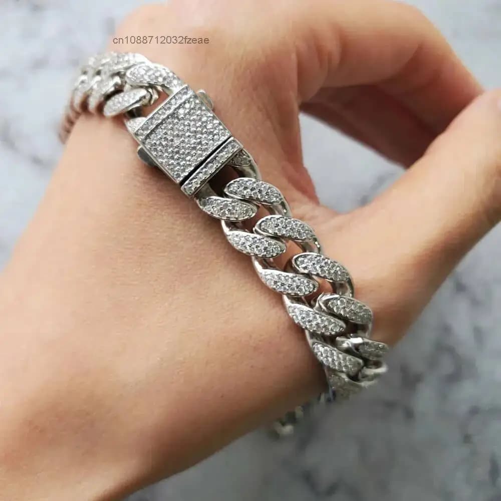 Luxury Hiphop Miami Cuban Chain Link 925 Silver Thick Chain Iced Out 12mm Moissanite Cuban Chain Bracelet Necklace.