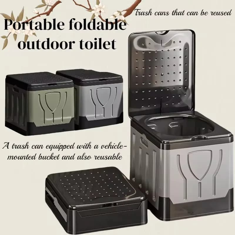 WC Portatile Pieghevole da Esterno con Supporto per Auto, Cestino Riutilizzabile Anti-Odore, Toilette d'Emergenza per Campeggio, Soluzione Bagno da Viaggio