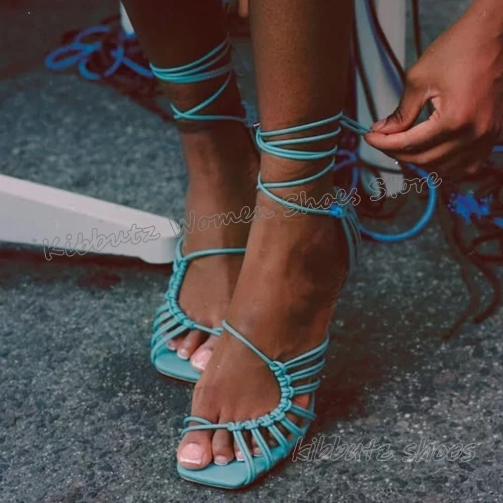 Rome Lace-Up Sandals Women Shoes Square Toe Thin Heels Customize Hollow Leather Solid Color Fashion Concise Sexy Elegant Luxury