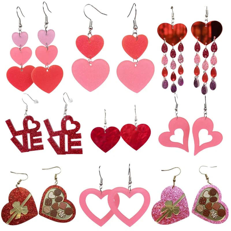 4pairs /setPink Valentine's Day Hollow Heart Earrings Tassel Water Drop Letter LOVE Flash Pink Cartoon eye shadow Disc Earrings