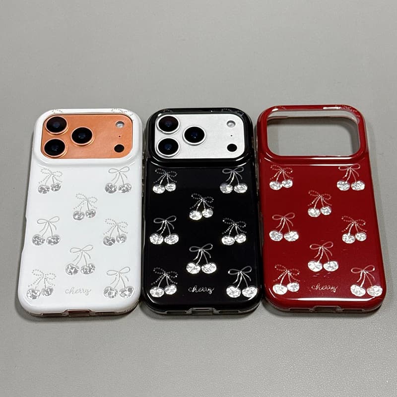 Luxury Fashion Shiny Rhinestone Cherry Bow IMD Phone Case For iPhone 17 Pro Max 16 15 14 13 Hard TPU Protective Back Cover