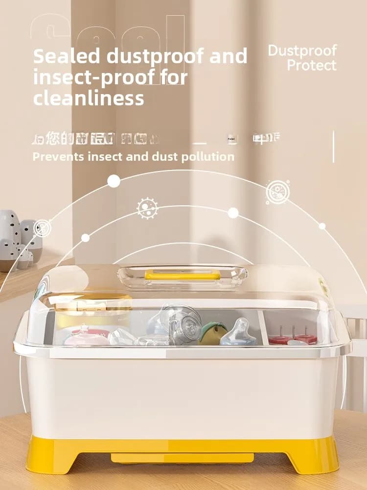 Scatola portaoggetti in plastica antipolvere con coperchio e scarico per biberon, tazze, utensili, ciotole e contenitori per alimenti