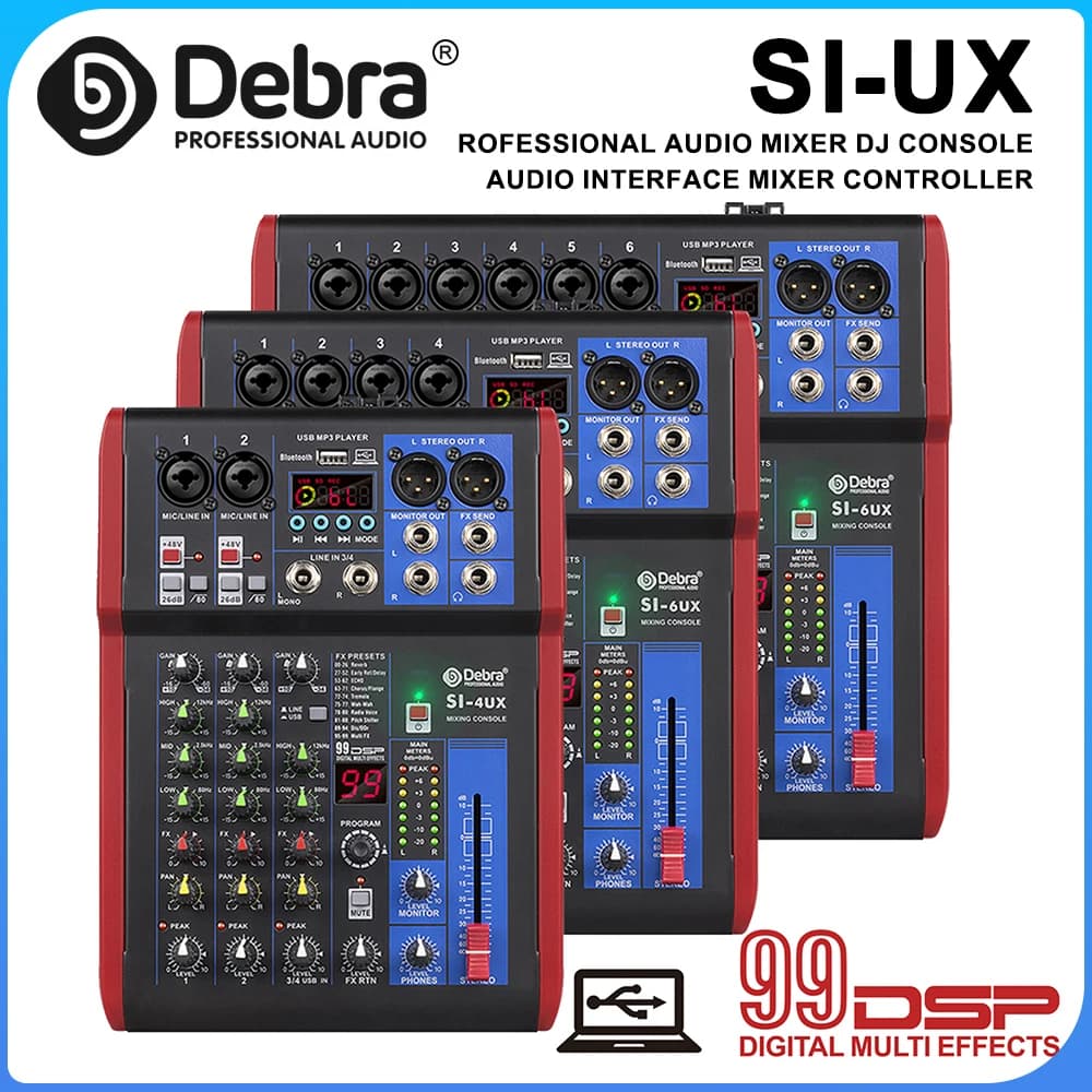 Mixer Audio Professionale Debra SI-6UX, 99 Effetti Digitali DSP, Mixer DJ per Festival, Karaoke, Studi di Registrazione SI-8UX