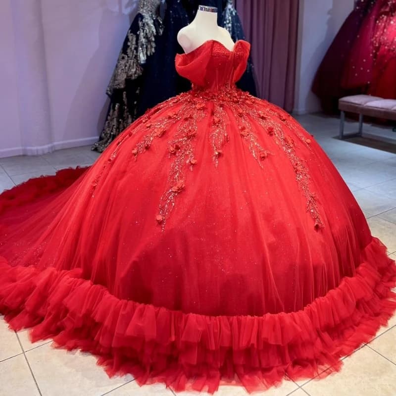 Abiti Quinceanera rossi al largo della spalla dolce 16 abito da ballo perline Appliques pizzo a strati Tull corsetto abiti formali De 15 aecos