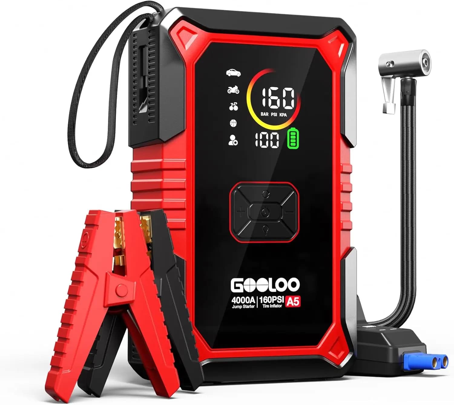 Avviatore d'Emergenza per Auto 4000A con Compressore d'Aria, Gonfiatore Pneumatici 160PSI, Power Bank 45W per Tutti i Veicoli