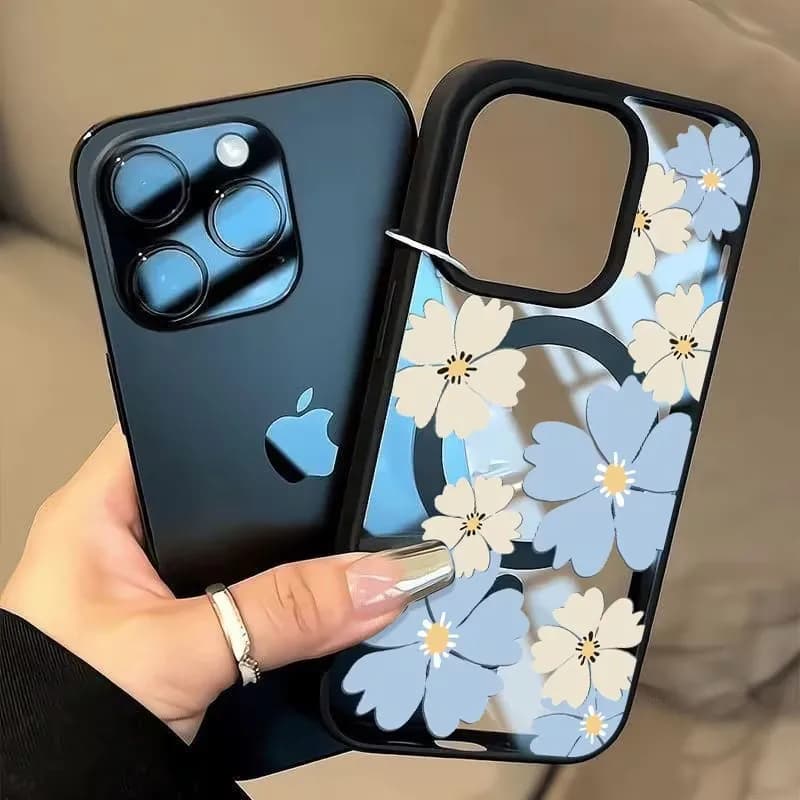 Cover per iPhone con stampa floreale blu e bianca, effetto satinato, compatibile con Magsafe, per modelli 17, 16, 15, 14, 13, 12, 11 Pro, Xs Max, Plus, Air, Mini, XR, X, 17e, 16e