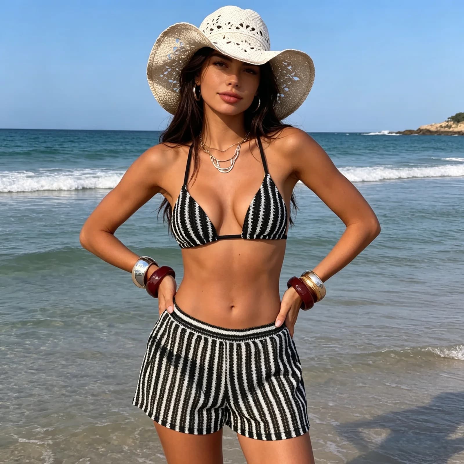 Set bikini a righe in maglia da 3 pezzi, top a triangolo con scollo all'americana e pantaloncini a vita alta, costume da bagno estivo da spiaggia per le vacanze