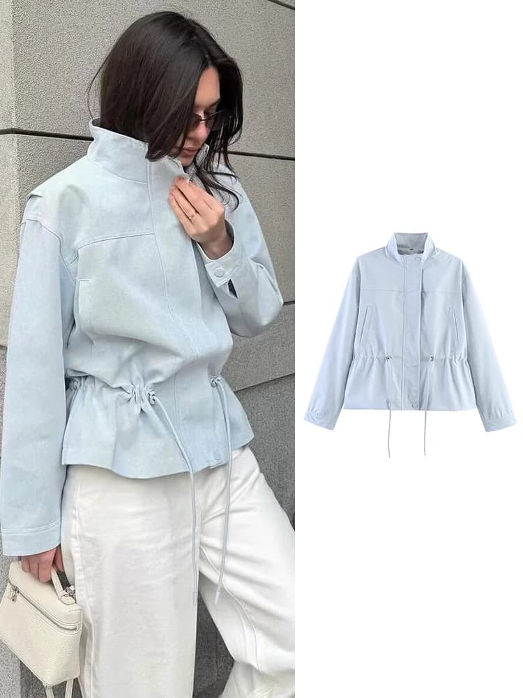TFMLN Women High Neck Drawstring Jacket Long Sleeve Cropped Coat 2026 Spring Casual Outerwear Versatile Minimalist Female Coat