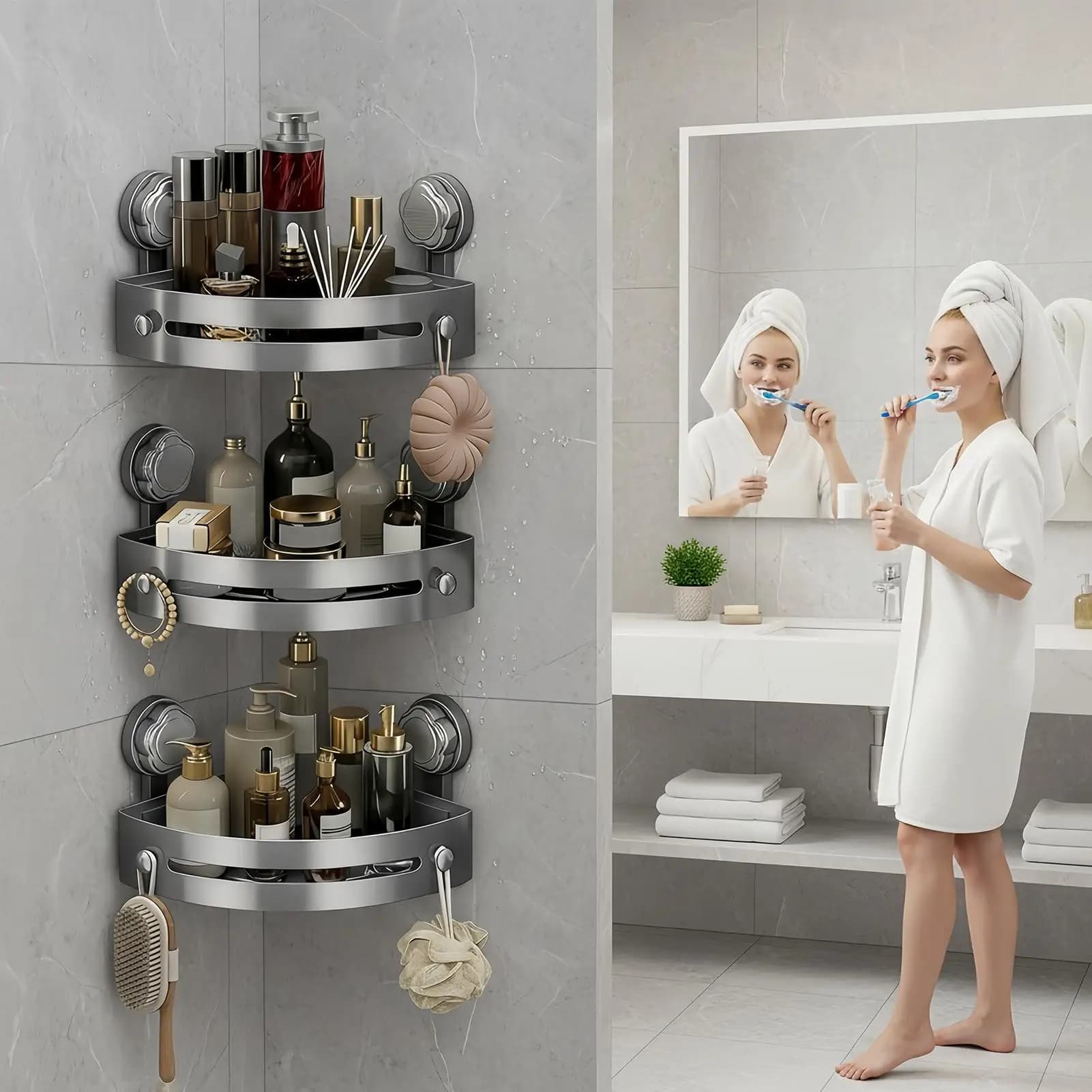 Portaoggetti da doccia angolare Scaffale a ventosa triangolare a 3 livelli senza trapano con ganci 40 libbre, organizer per vasca da bagno per sapone, asciugamano per il lavaggio del corpo