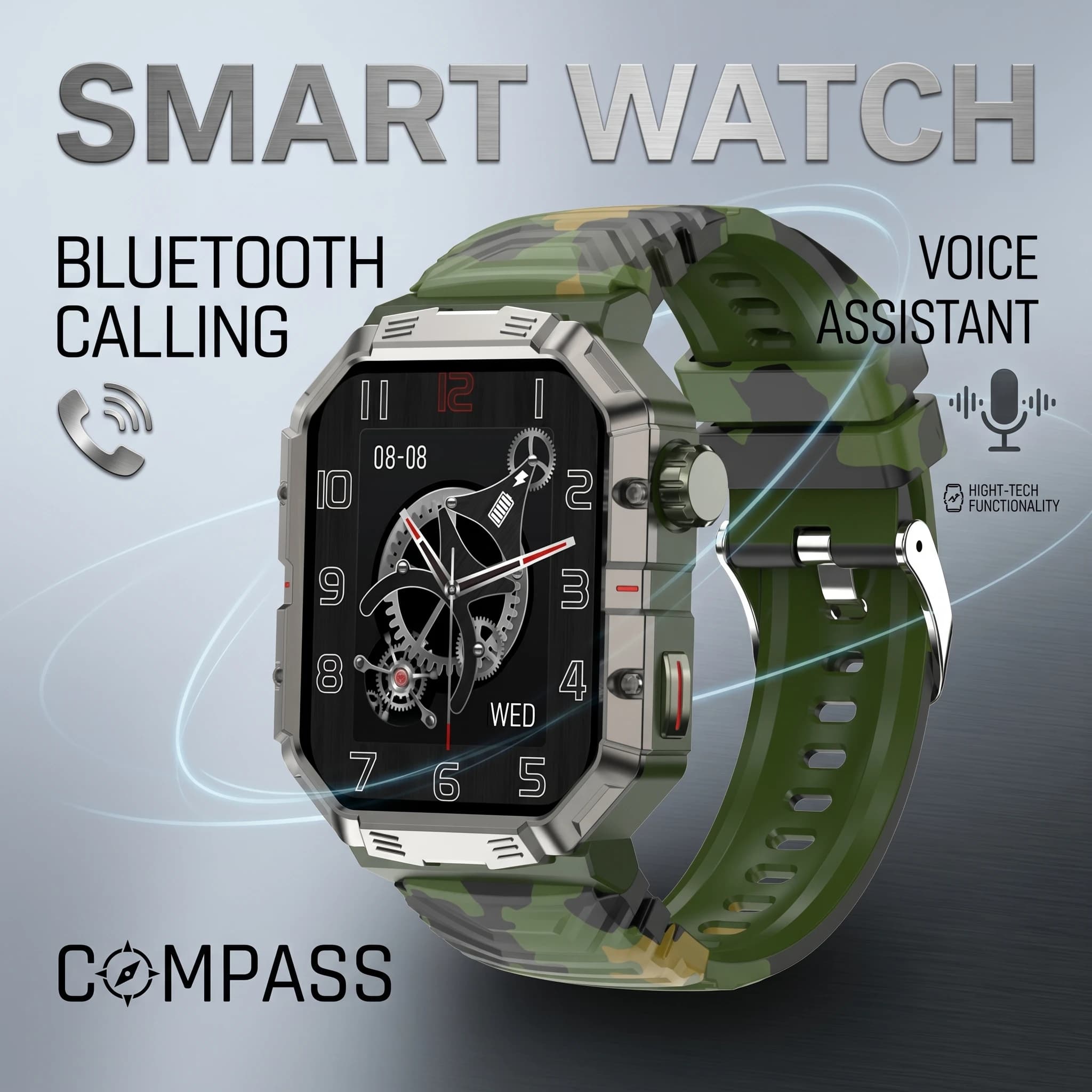 Smartwatch GW55 con Bussola, Chiamate Bluetooth, Assistente Vocale AI, Impermeabile 3ATM IP68, Monitoraggio Salute, per Sport all'Aperto, da Uomo