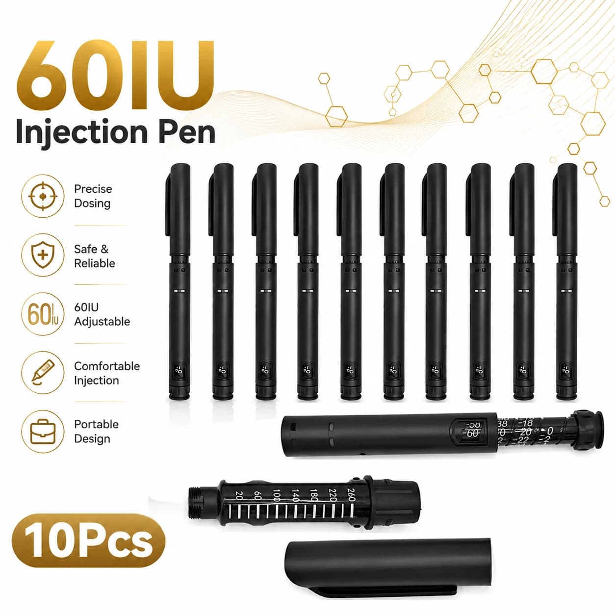 Super Recommand 10Pack Black 0-60IU Adjustable Disposable Injection Pen insulin Pen Peptide Pen for Weight Control Management