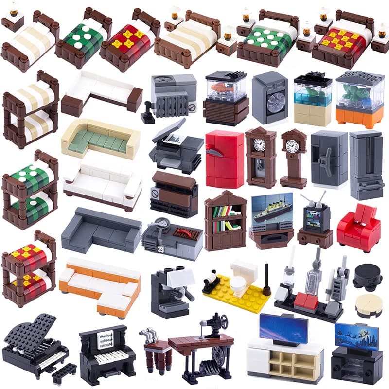 MOC City Furniture Building Blocks televisione macchina da cucire libreria divano letto pendolo orologio pianoforte Fish Tank Bricks Toys