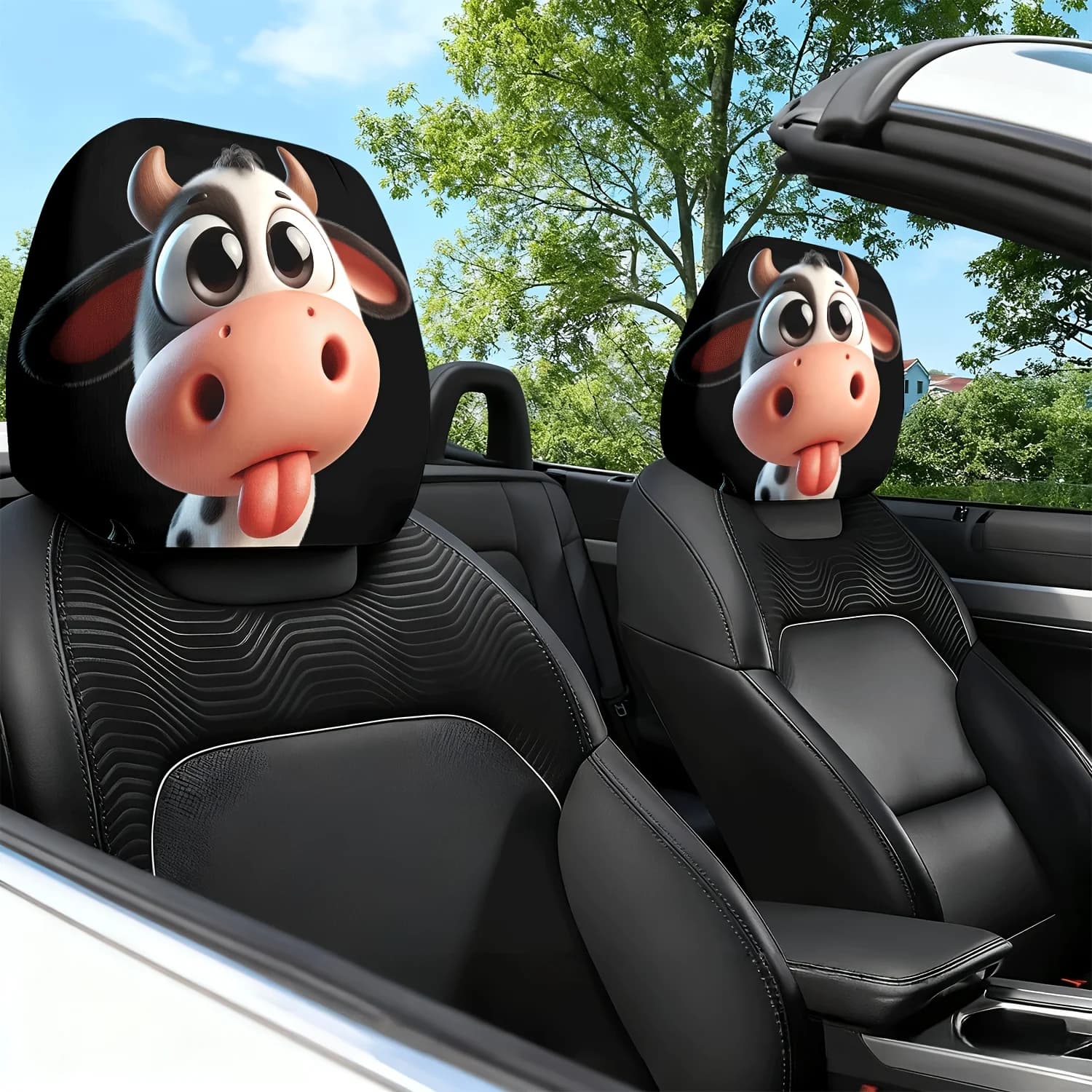 2 Pezzi Copricuscino per Poggiatesta Auto con Stampa Mucca Cartone Animato - Design Adorabile - Cuscino Lombare per Interni Auto