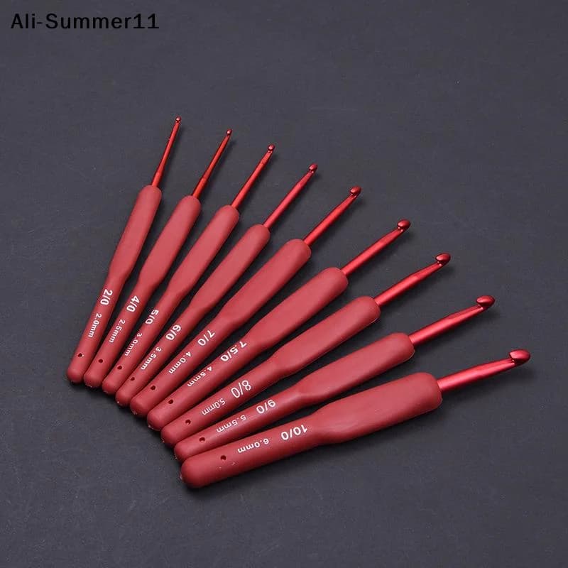【Ew1】9PCS Red Crochet Hook Ergonomic Handle For Arthritic Hands Extra Long Knitting Needles For Beginners And Crocheting Yarn