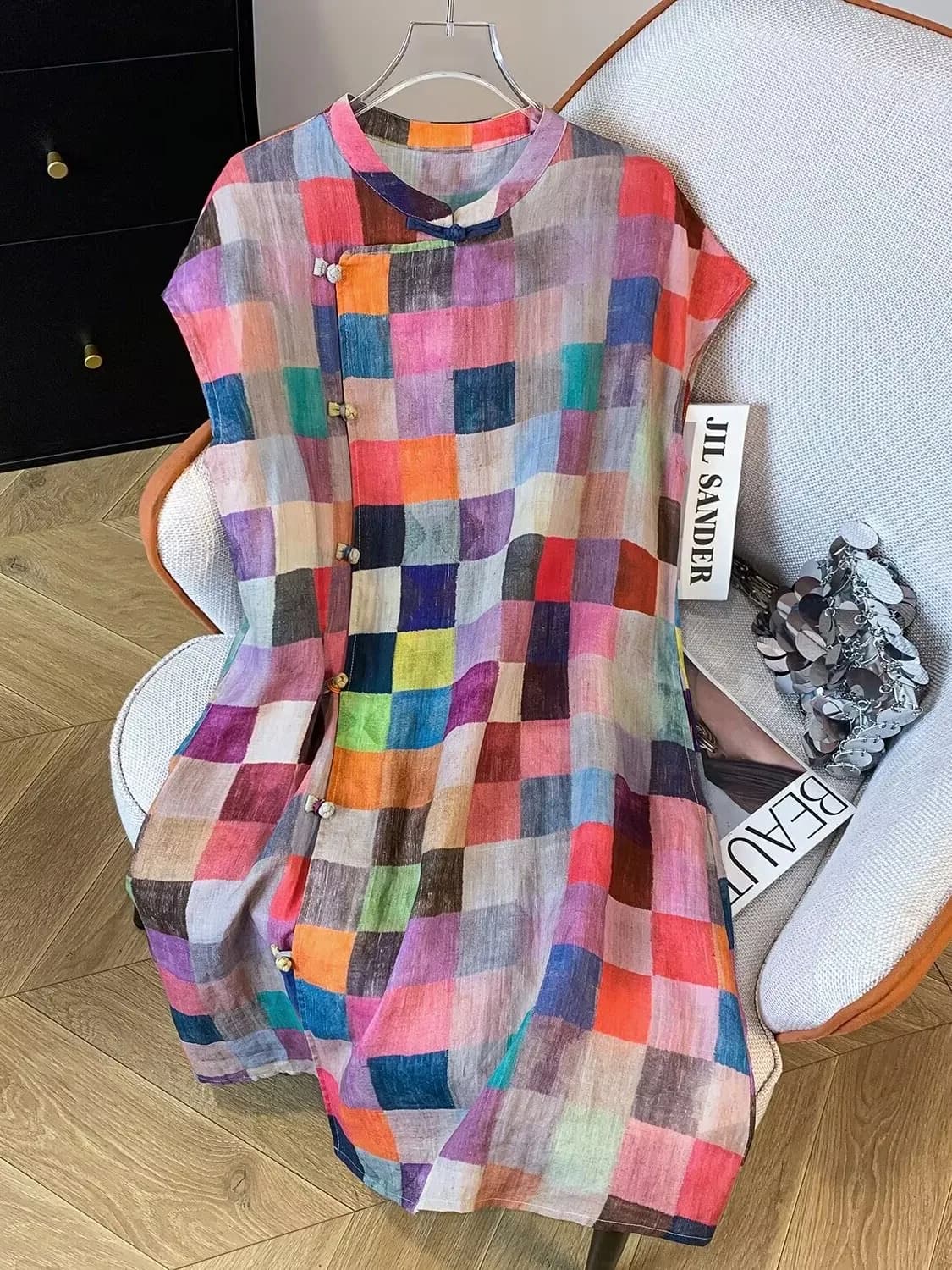 New Chinese Style Plaid Cotton Lin Women's Summer Dress Sleeveless Qipao Skirt Button Detail Loose Fit Vintage