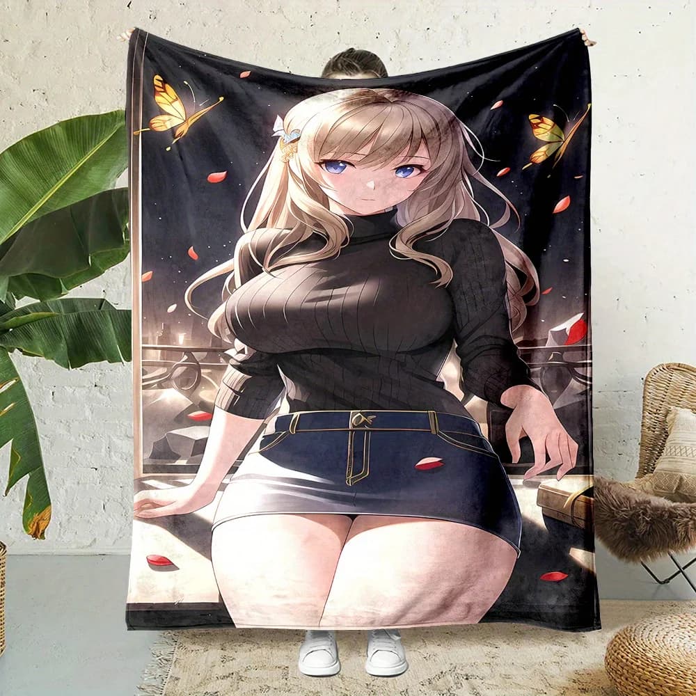 Coperta stampata in flanella con motivo ragazza bionda anime adatta a tutte le stagioni adatta per divano da ufficio e viaggi